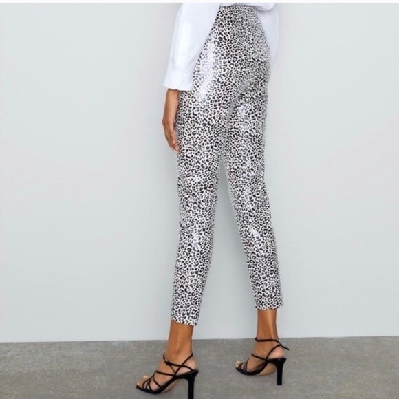 ZARA faux patent leather black & white leopard print pull on pants size XS - Picture 2 of 10